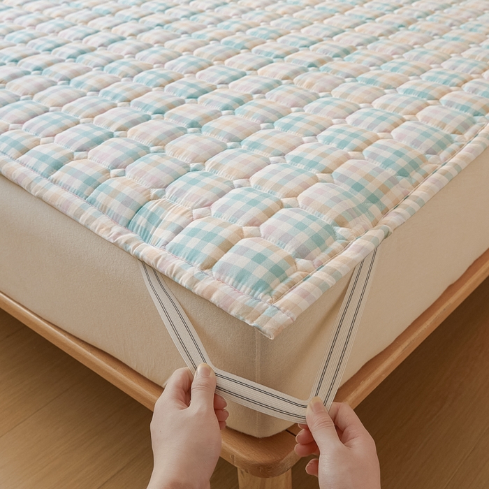 91家纺网 家纺一手货源 找家纺 恋绒家纺 2025新款无印风水洗棉防水款床褥隔尿垫床褥护理垫床垫 粉蓝格