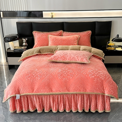 91家纺网 家纺一手货源 找家纺 （买家秀爆款不断货）A类母婴级8D牛奶雕花绒四件套珊瑚绒四件套雪花绒四件套花卉雕花牛奶绒四件套北欧风 欧式情怀-浪漫粉