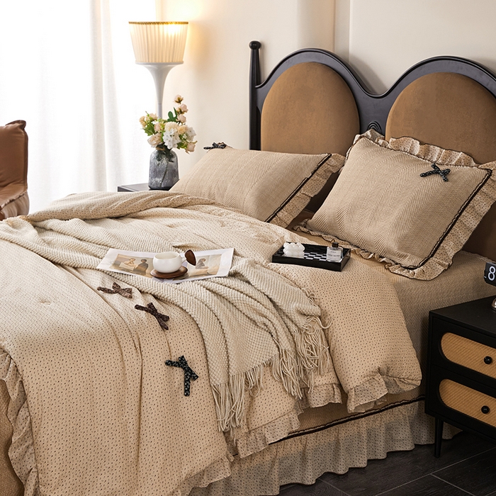 91家纺网 家纺一手货源 找家纺 优希家纺 2025新款小艺生活纱布印花多功能夏被四件套 卡其