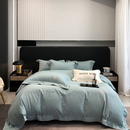 91家纺网 家纺一手货源 找家纺 高支高密长绒棉贡缎磨毛花颜系列四件套 花颜元气蓝