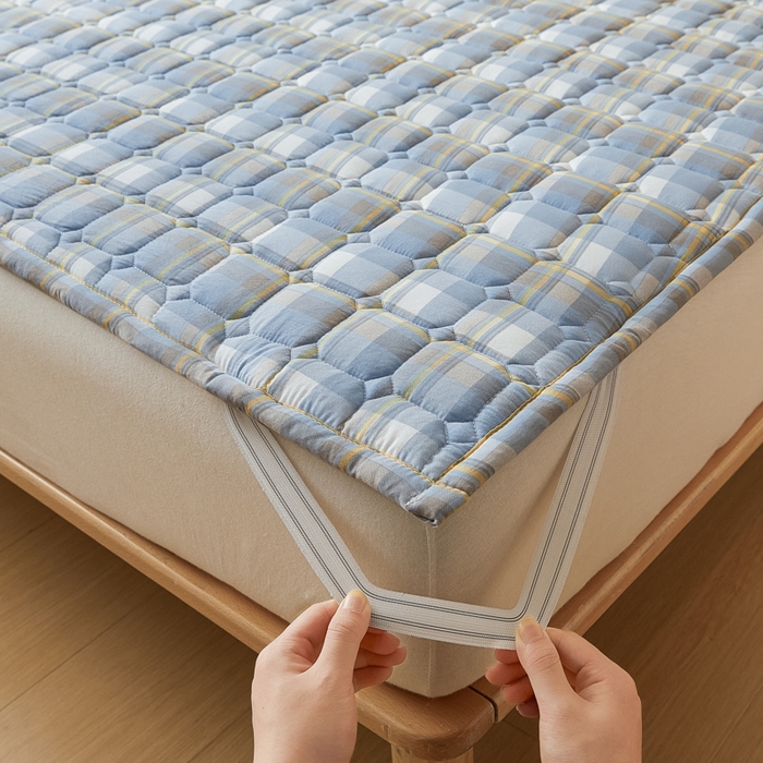 91家纺网 家纺一手货源 找家纺 恋绒家纺 2025新款无印风水洗棉防水款床褥隔尿垫床褥护理垫床垫 蓝灰格