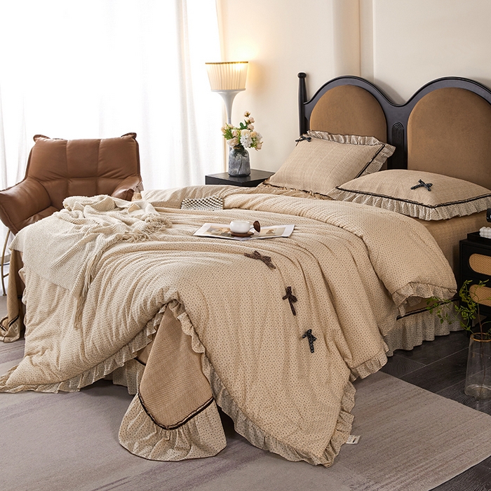 91家纺网 家纺一手货源 找家纺 优希家纺 2025新款小艺生活纱布印花多功能夏被四件套 卡其