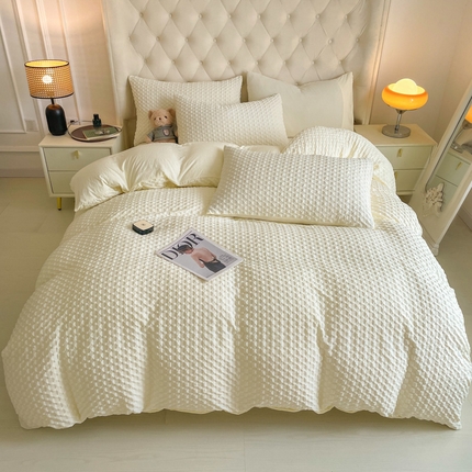 新款色织提花立体床上用品四件套轻奢时尚 提花水立方奶白