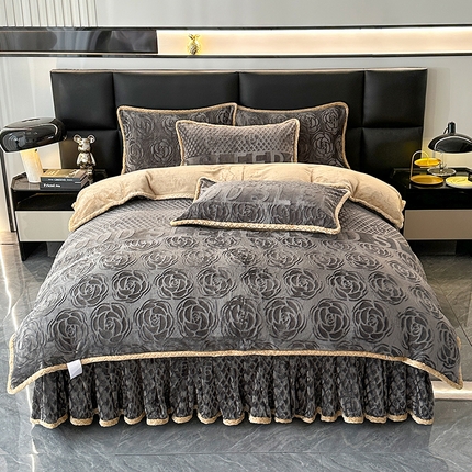 91家纺网 家纺一手货源 找家纺 （买家秀爆款不断货）A类母婴级8D牛奶雕花绒四件套珊瑚绒四件套雪花绒四件套花卉雕花牛奶绒四件套北欧风 挚爱-经典灰