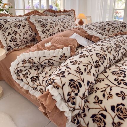 91家纺网 家纺一手货源 找家纺 （买家秀 爆款不断货）A类母婴级法式牛奶绒雕花四件套珊瑚绒小香风牛奶绒四件套雪花绒四件套雕花绒四件套 浪漫花海-优雅黑