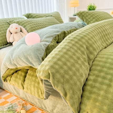 （买家秀爆款不断货）A类母婴级高克重纯色獭兔绒四件套剪花牛奶绒四件套牛奶绒四件套纯色韩式兔毛绒四件套 韩式兔绒-苹果绿