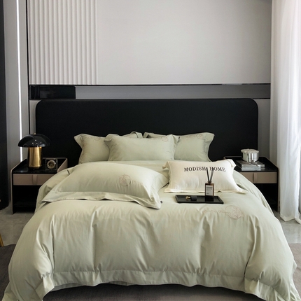 91家纺网 家纺一手货源 找家纺 高支高密长绒棉贡缎磨毛花颜系列四件套 花颜芥末绿