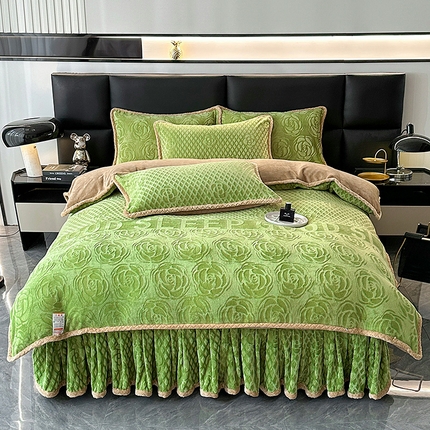 91家纺网 家纺一手货源 找家纺 （买家秀爆款不断货）A类母婴级8D牛奶雕花绒四件套珊瑚绒四件套雪花绒四件套花卉雕花牛奶绒四件套北欧风 挚爱-苹果绿