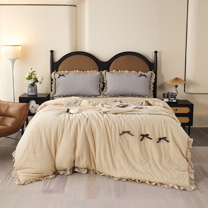 91家纺网 家纺一手货源 找家纺 优希家纺 2025新款小艺生活纱布印花多功能夏被四件套 咖色