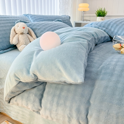 （买家秀爆款不断货）A类母婴级高克重纯色獭兔绒四件套剪花牛奶绒四件套牛奶绒四件套纯色韩式兔毛绒四件套 韩式兔绒-孔雀蓝