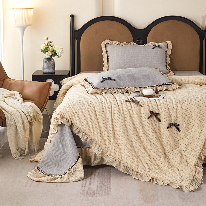 91家纺网 家纺一手货源 找家纺 优希家纺 2025新款小艺生活纱布印花多功能夏被四件套 咖色