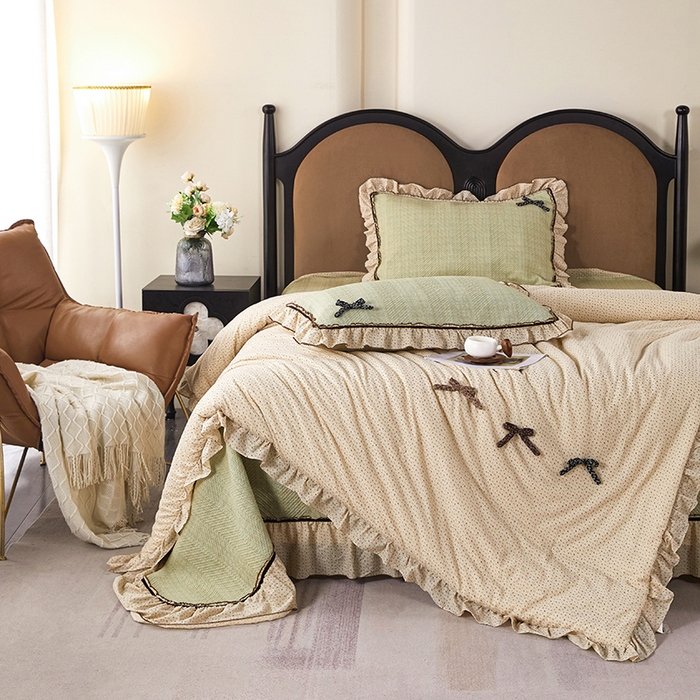 91家纺网 家纺一手货源 找家纺 优希家纺 2025新款小艺生活纱布印花多功能夏被四件套 绿色