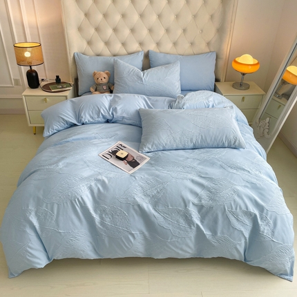 新款色织提花立体床上用品四件套轻奢时尚 提花叶舞天空兰