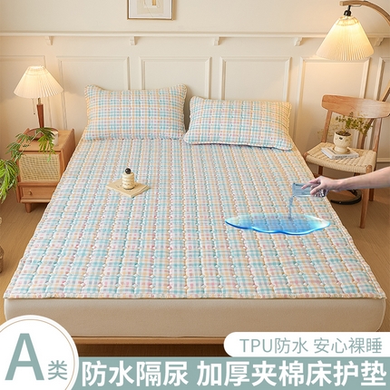 恋绒家纺 2025新款无印风水洗棉防水款床褥隔尿垫床褥护理垫床垫 粉蓝格