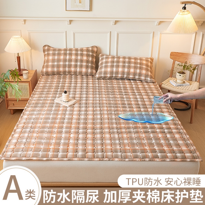91家纺网 家纺一手货源 找家纺 恋绒家纺 2025新款无印风水洗棉防水款床褥隔尿垫床褥护理垫床垫 灰黄格