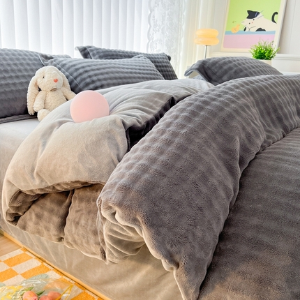 91家纺网 家纺一手货源 找家纺 （买家秀爆款不断货）A类母婴级高克重纯色獭兔绒四件套剪花牛奶绒四件套牛奶绒四件套纯色韩式兔毛绒四件套 韩式兔绒-灰玛瑙