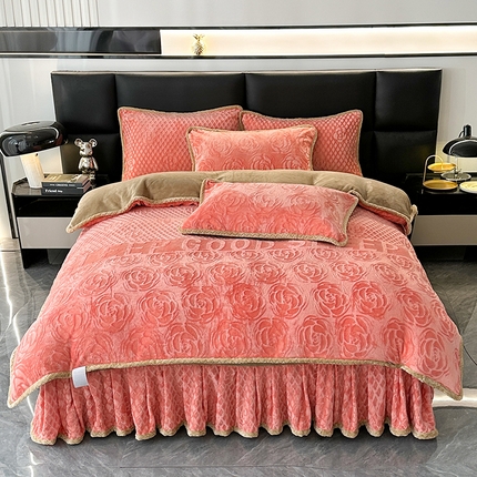 91家纺网 家纺一手货源 找家纺 （买家秀爆款不断货）A类母婴级8D牛奶雕花绒四件套珊瑚绒四件套雪花绒四件套花卉雕花牛奶绒四件套北欧风 挚爱-浪漫粉