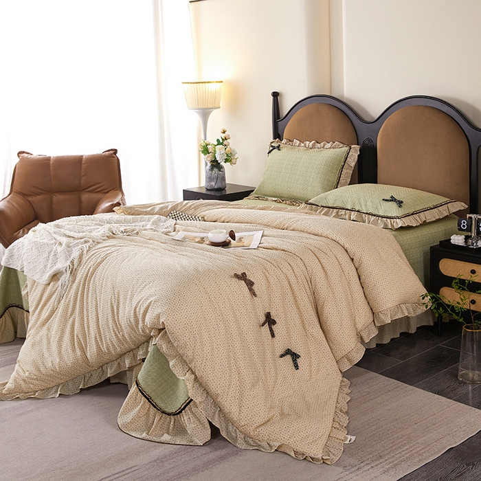 91家纺网 家纺一手货源 找家纺 优希家纺 2025新款小艺生活纱布印花多功能夏被四件套 绿色