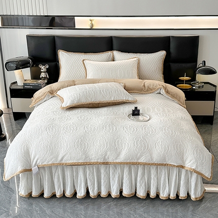 91家纺网 家纺一手货源 找家纺 （买家秀爆款不断货）A类母婴级8D牛奶雕花绒四件套珊瑚绒四件套雪花绒四件套花卉雕花牛奶绒四件套北欧风 挚爱-珍珠白