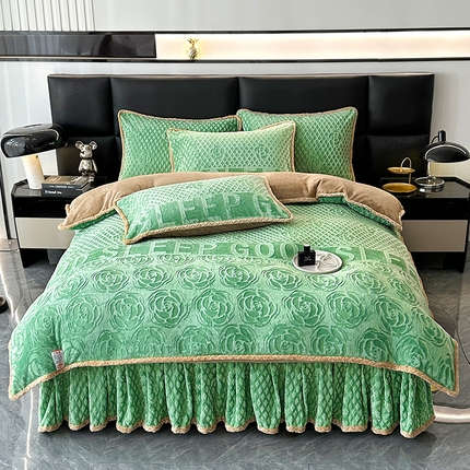 91家纺网 家纺一手货源 找家纺 （买家秀爆款不断货）A类母婴级8D牛奶雕花绒四件套珊瑚绒四件套雪花绒四件套花卉雕花牛奶绒四件套北欧风 挚爱-翡翠绿