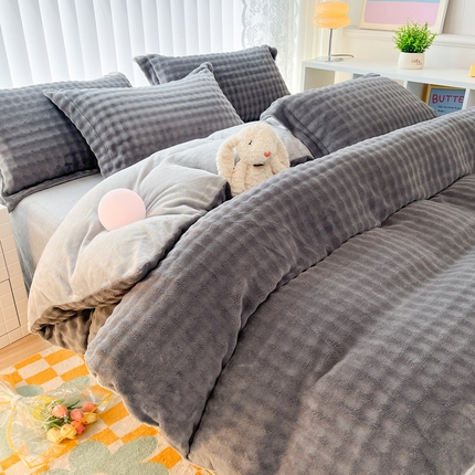 （买家秀爆款不断货）A类母婴级高克重纯色獭兔绒四件套剪花牛奶绒四件套牛奶绒四件套纯色韩式兔毛绒四件套 韩式兔绒-灰玛瑙