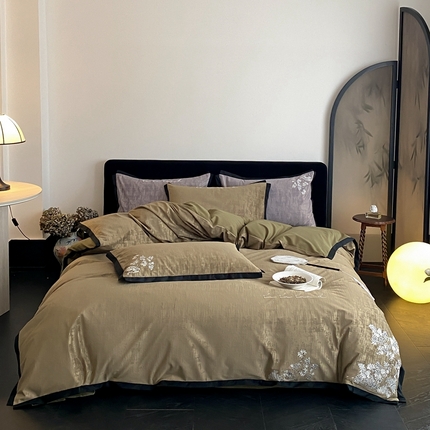 91家纺网 家纺一手货源 找家纺 赫帛 2025新款50支全棉磨毛刺绣四件套-夕雾（磨毛款） 夕雾（磨毛款）-复古绿【预售，12.18号发货】