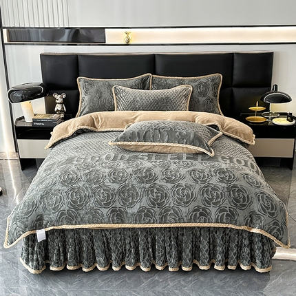 91家纺网 家纺一手货源 找家纺 （买家秀爆款不断货）A类母婴级8D牛奶雕花绒四件套珊瑚绒四件套雪花绒四件套花卉雕花牛奶绒四件套北欧风 挚爱-烟灰