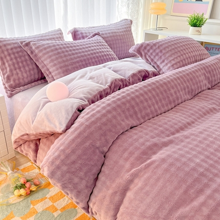 （买家秀爆款不断货）A类母婴级高克重纯色獭兔绒四件套剪花牛奶绒四件套牛奶绒四件套纯色韩式兔毛绒四件套 韩式兔绒-豆蔻紫