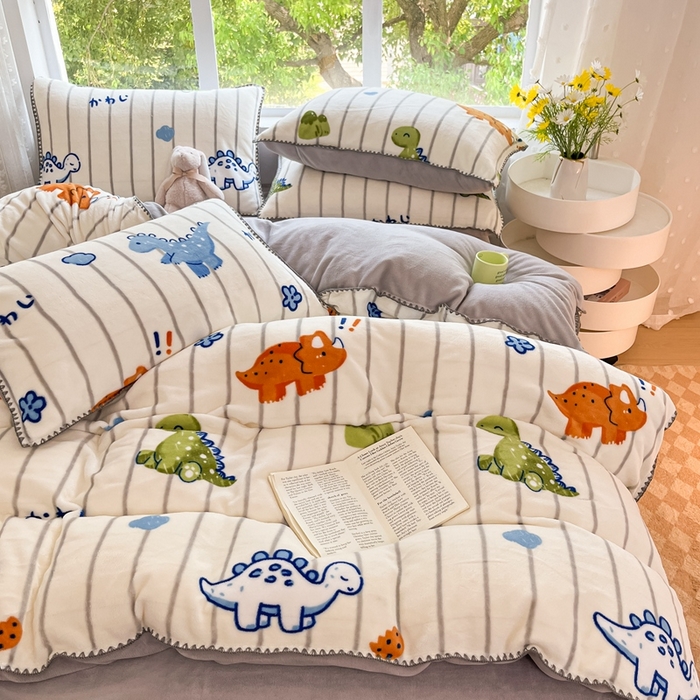 91家纺网 家纺一手货源 找家纺 （买家秀 爆款不断货）A类母婴级双面牛奶绒四件套三角针珊瑚绒雪花绒四件套高克重卡通牛奶绒四件套花卉 蓝绿恐龙