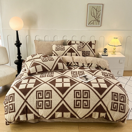 （买家秀 爆款不断货）A类母婴级300g提花四件套牛奶绒四件套珊瑚绒雪花绒四件套提花舒棉牛奶绒四件套 卡其格