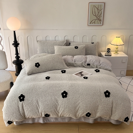 （买家秀 爆款不断货）A类母婴级300g提花四件套牛奶绒四件套珊瑚绒雪花绒四件套提花舒棉牛奶绒四件套 小灰花朵