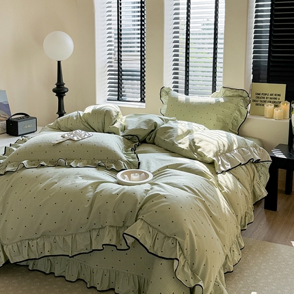 91家纺网 家纺一手货源 找家纺 2025春夏新款波点全棉床盖四件套 波点 清水绿