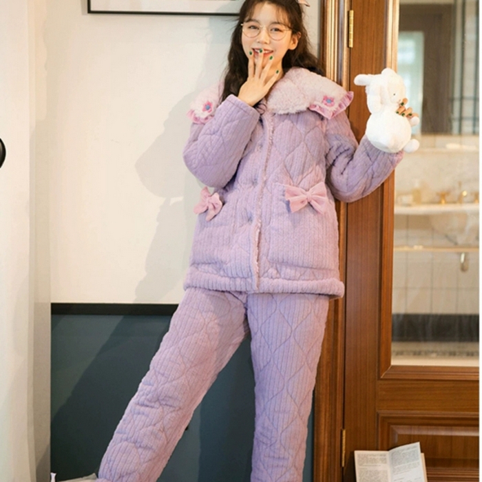 91家纺网 家纺一手货源 找家纺 （总）妍景 2025新款夹棉大翻领花朵套装紫家居服