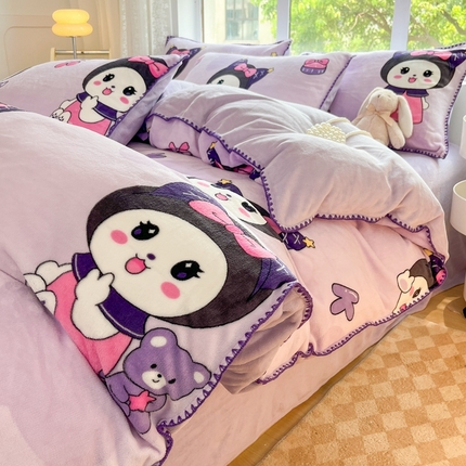 91家纺网 家纺一手货源 找家纺 （买家秀 爆款不断货）A类母婴级双面牛奶绒四件套三角针珊瑚绒雪花绒四件套高克重卡通牛奶绒四件套花卉 魔法女孩紫