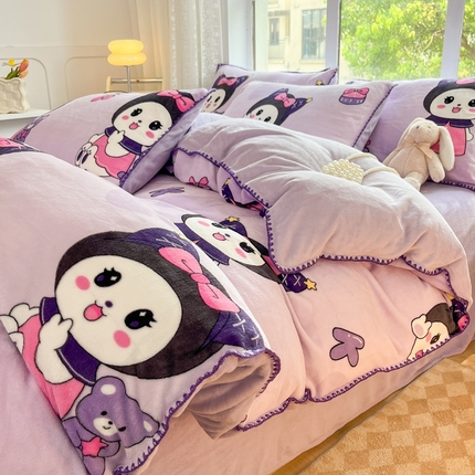 （买家秀 爆款不断货）A类母婴级双面牛奶绒四件套三角针珊瑚绒雪花绒四件套高克重卡通牛奶绒四件套花卉 魔法女孩紫