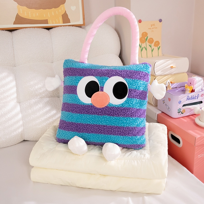 91家纺网 家纺一手货源 找家纺 中华鲟 2025新款多功能羊羔绒提花网红抱枕毯卡通立体贴布刺绣抱枕被夏被 蓝紫粗条纹