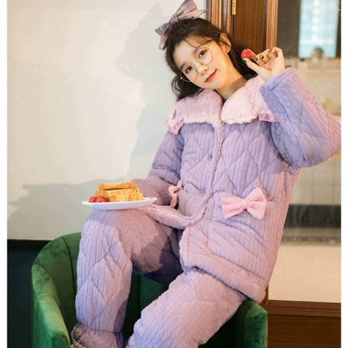 91家纺网 家纺一手货源 找家纺 （总）妍景 2025新款夹棉大翻领花朵套装紫家居服