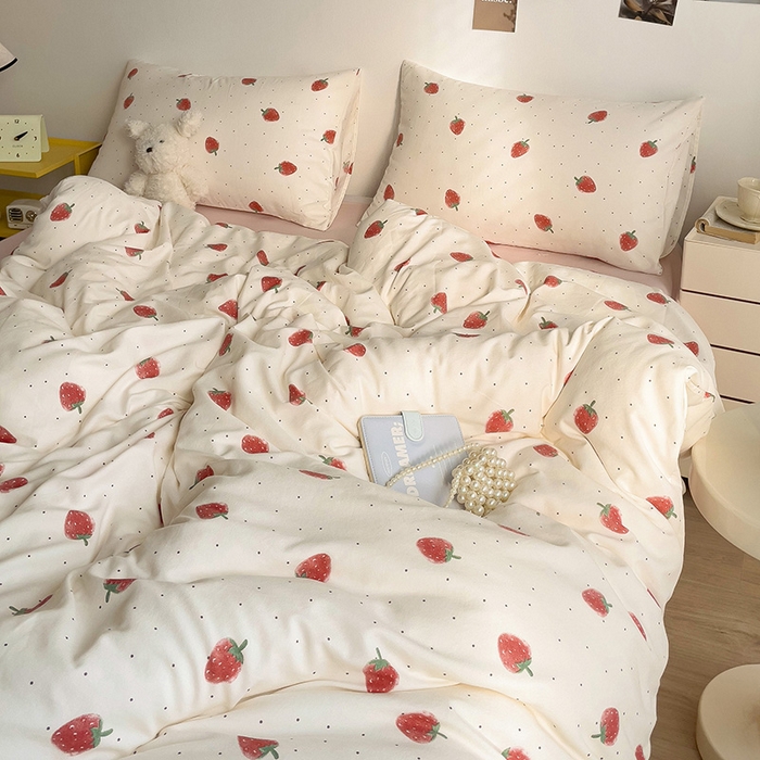 91家纺网 家纺一手货源 找家纺 尤米 2025新款有氧针织双层纱四件套 草莓啵啵