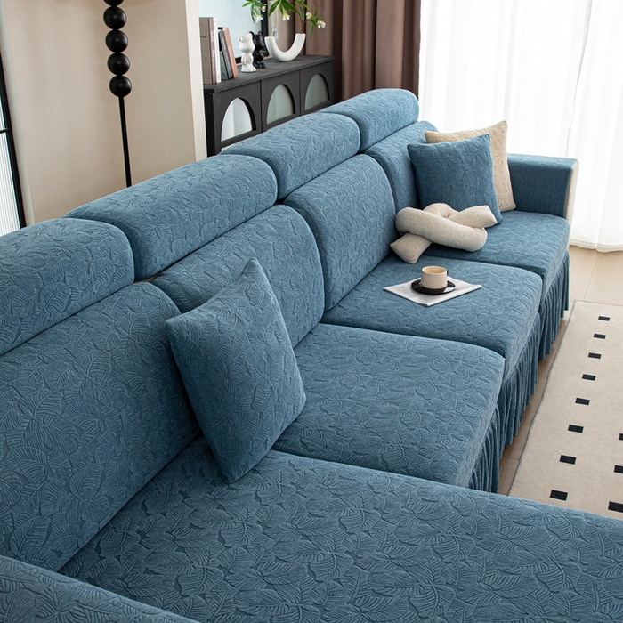 91家纺网 家纺一手货源 找家纺 沐沐家纺 2026新款小树叶裙边沙发笠 孔雀蓝