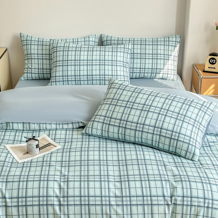 91家纺网 家纺一手货源 找家纺 柠馨 2025新款13372全棉印花四件套无印风系列 窗格绿