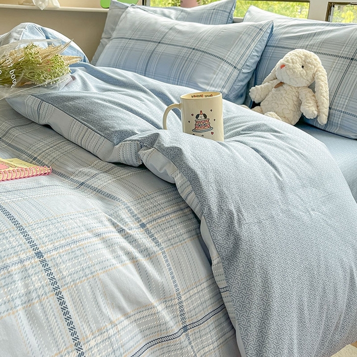 91家纺网 家纺一手货源 找家纺 柠馨 2025新款13372全棉印花四件套无印风系列 海蓝