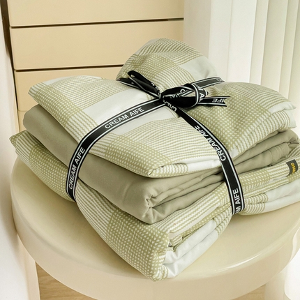 91家纺网 家纺一手货源 找家纺 尤米 2025新款有氧针织双层纱四件套 青梅格