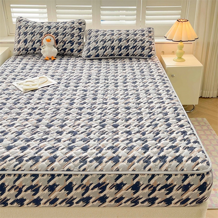 91家纺网 家纺一手货源 找家纺 【高克重加厚】雯豆 新品磨毛夹棉床笠印花水洗棉床笠三件套床垫保护罩 千鸟格