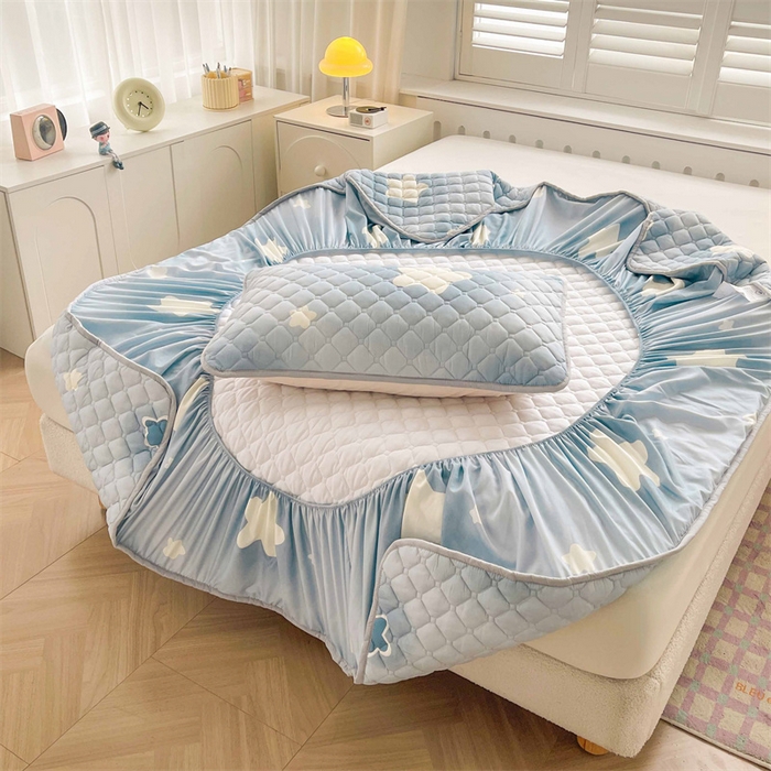 91家纺网 家纺一手货源 找家纺 【高克重加厚】雯豆 新品磨毛夹棉床笠印花水洗棉床笠三件套床垫保护罩 星光灿烂