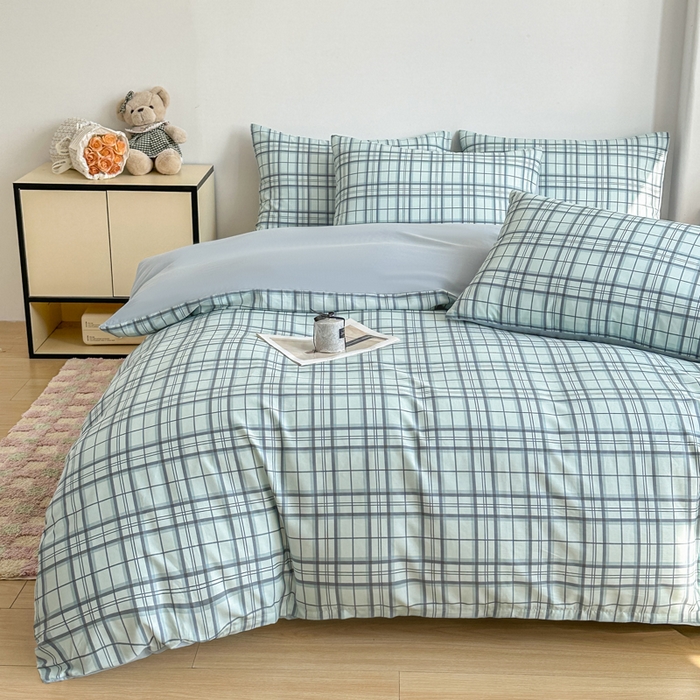 91家纺网 家纺一手货源 找家纺 柠馨 2025新款13372全棉印花四件套无印风系列 窗格绿