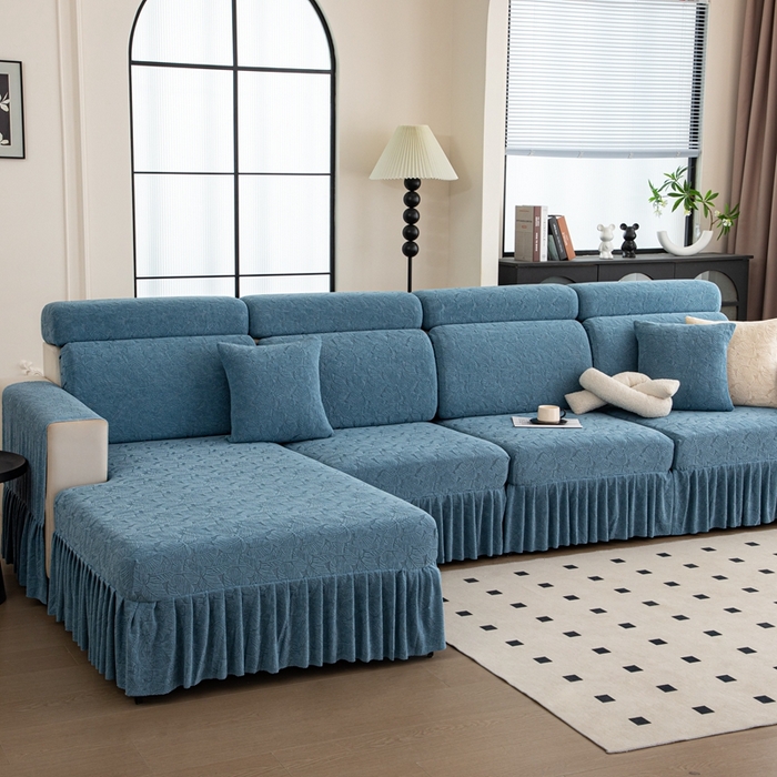 91家纺网 家纺一手货源 找家纺 沐沐家纺 2026新款小树叶裙边沙发笠 孔雀蓝