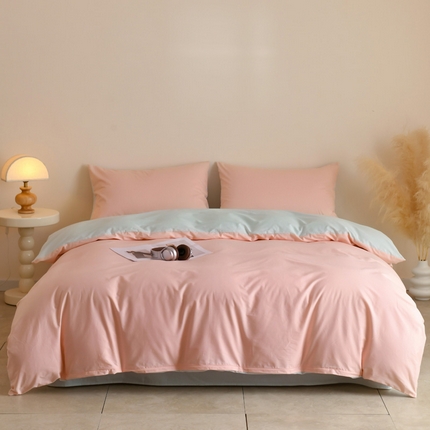 泽西家纺+V17798841158发大图 2025新品A类加密全棉40支13376简约风双拼纯色纯棉四件套单被套枕套三件套 粉玉+绿