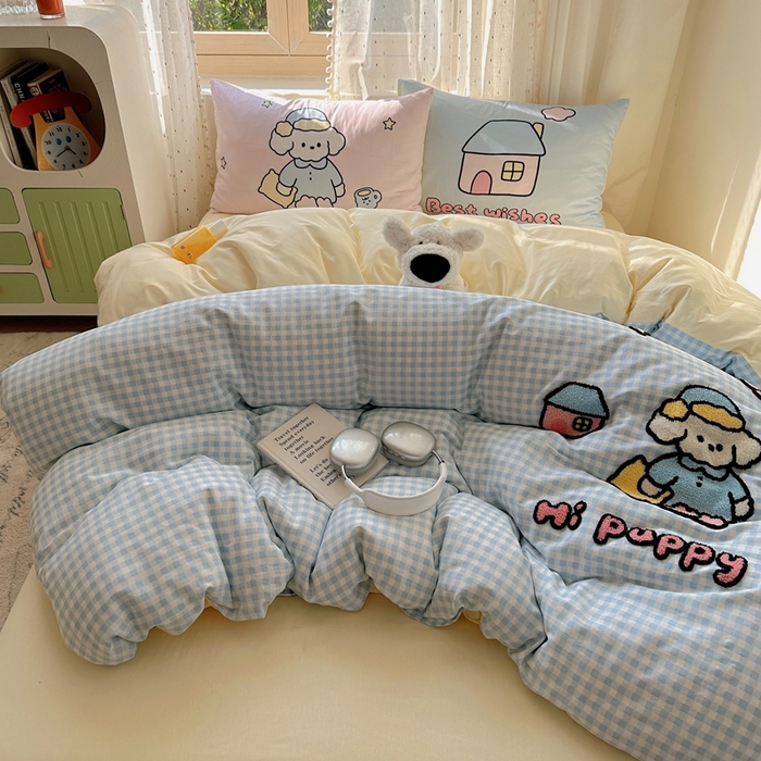 91家纺网 家纺一手货源 找家纺 美乐迪家纺 2025新款全棉绣花四件套 晚安狗狗