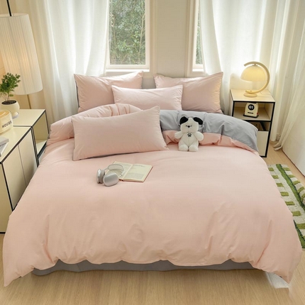 泽西家纺+V17798841158发大图 2025新品A类加密全棉40支13376简约风双拼纯色纯棉四件套单被套枕套三件套 樱粉+深灰