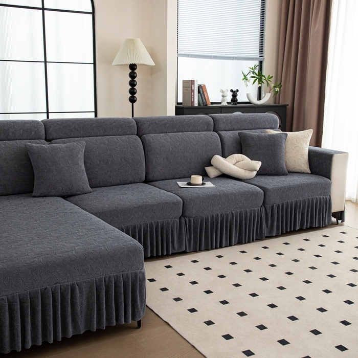 91家纺网 家纺一手货源 找家纺 沐沐家纺 2026新款小树叶裙边沙发笠 深灰